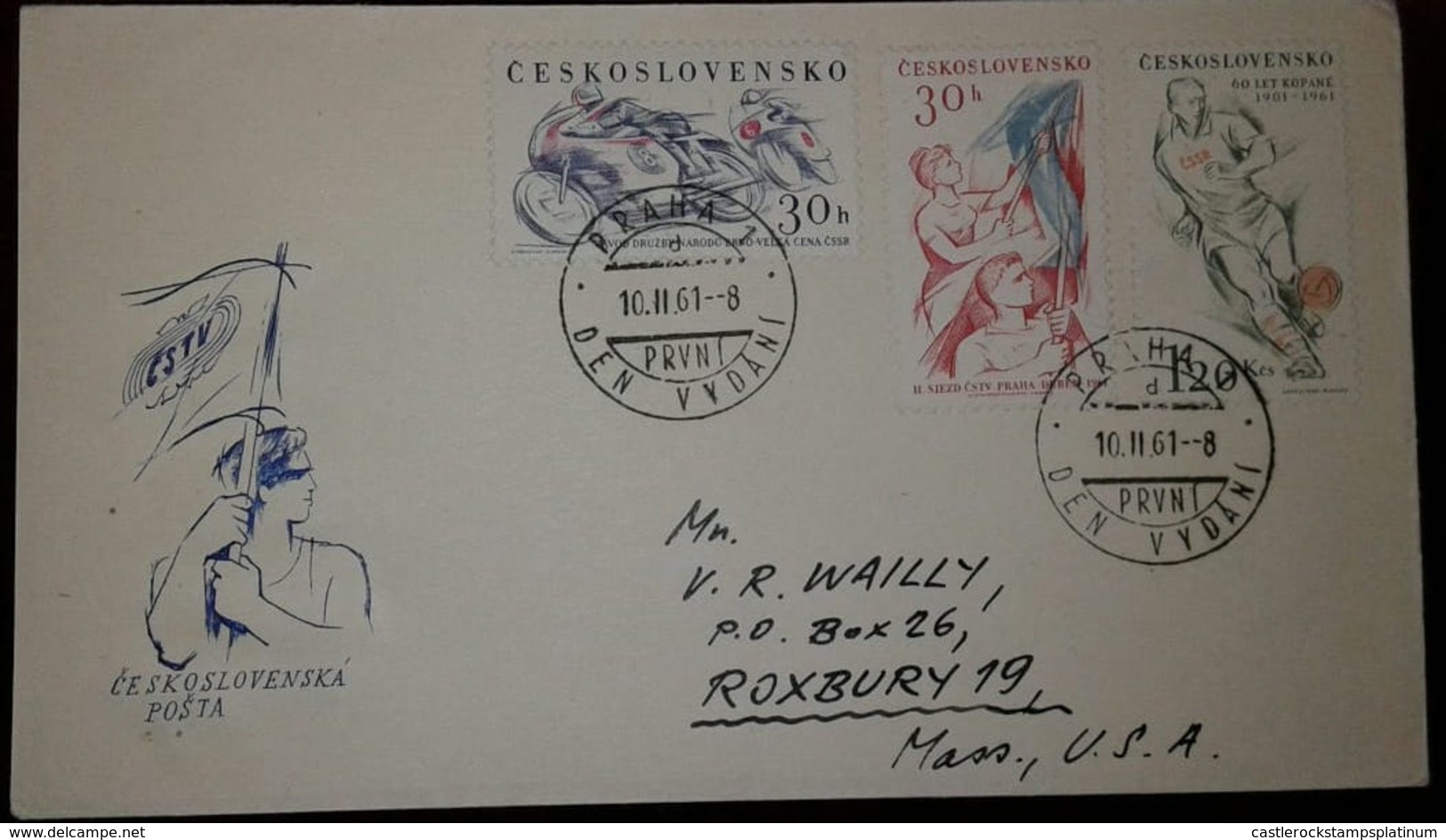 L) 1961 CZECHOSLOVAKIA, FOOTBALL, GREEN, 20KCS, ATHLETES WITH FLAGS, 30H, MOTORCYCLE, CIRCULATED COVER FROM CZECHOSLOVAK - Covers & Documents