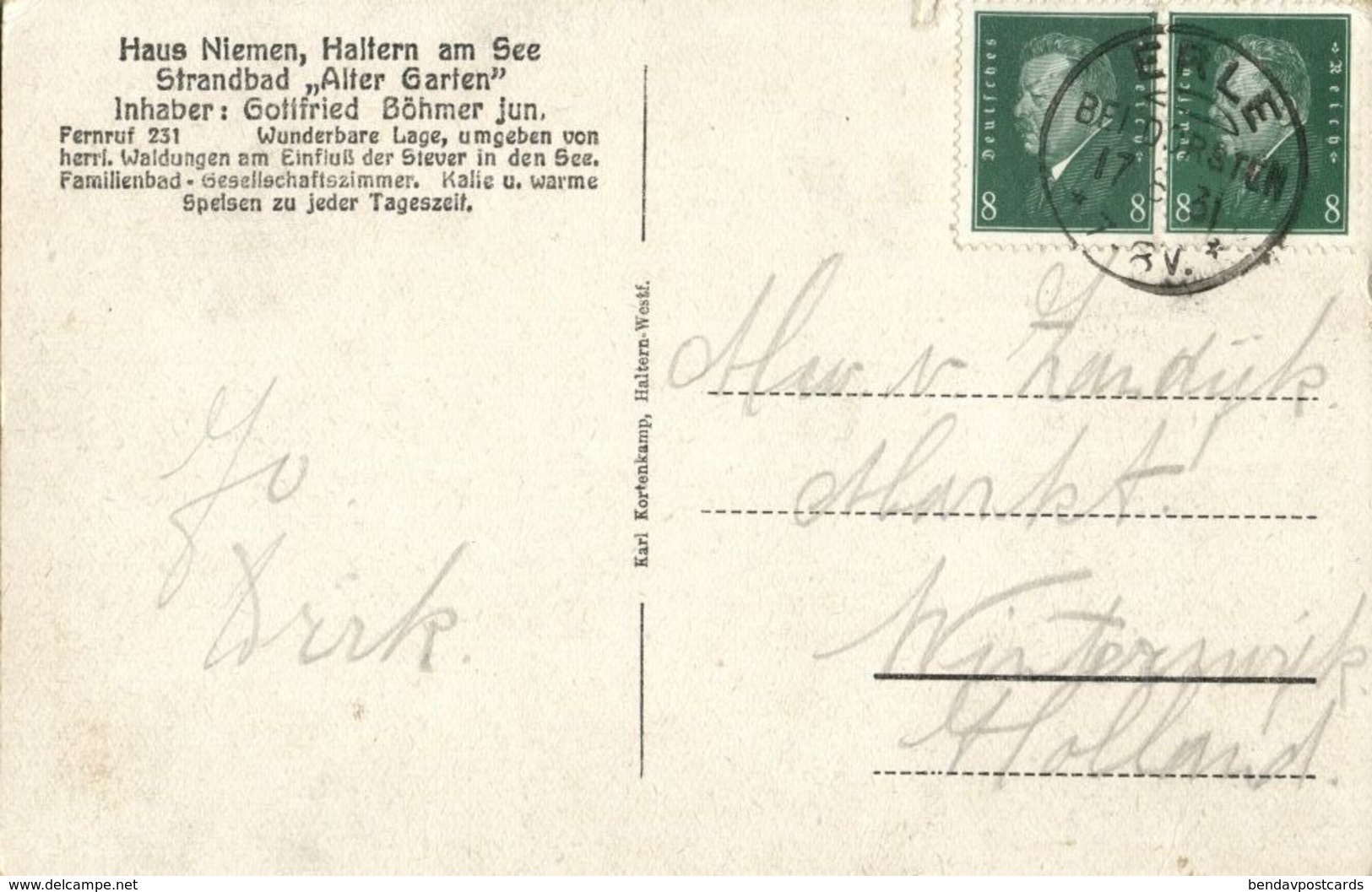 HALTERN Am See, Haus Niemen, Strandbad Alter Garten, Inh. Böhmer Jun. (1931) AK - Haltern
