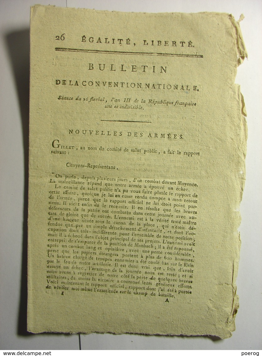 BULLETIN CONVENTION NATIONALE 1795 - NOUVELLES DES ARMEES MAYENCE - CASERNEMENT GENDARMERIE PARIS - DAX TARASCON LODEVE - Gesetze & Erlasse