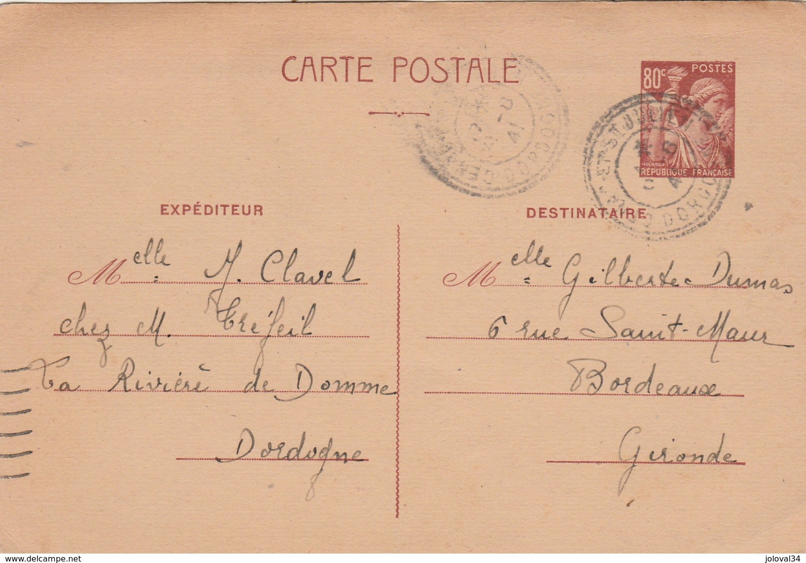 Yvert 431 CP1 Entier Cachet Cénac Et St Julien Dordogne 1941 écrite De La Rivière De Domme Pour Bordeaux - Standard Postcards & Stamped On Demand (before 1995)