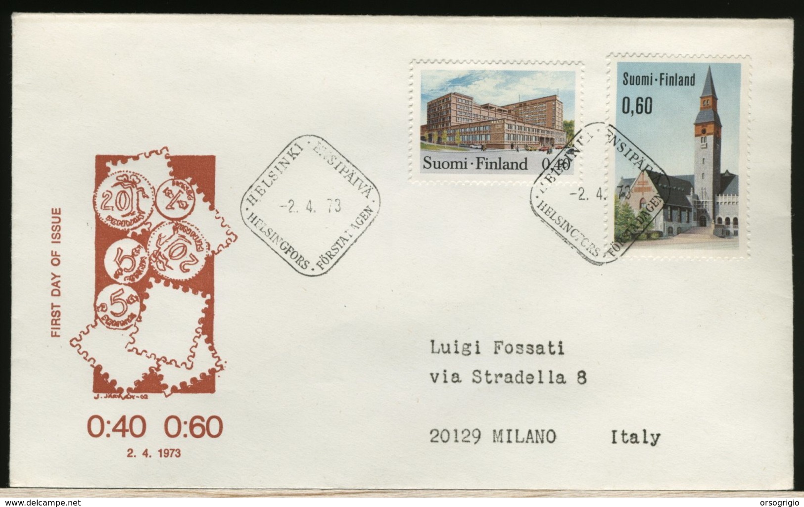 FINLANDIA - SUOMI FINLAND - FDC 1973 -  0,40  0,60  MONUMENT - FDC