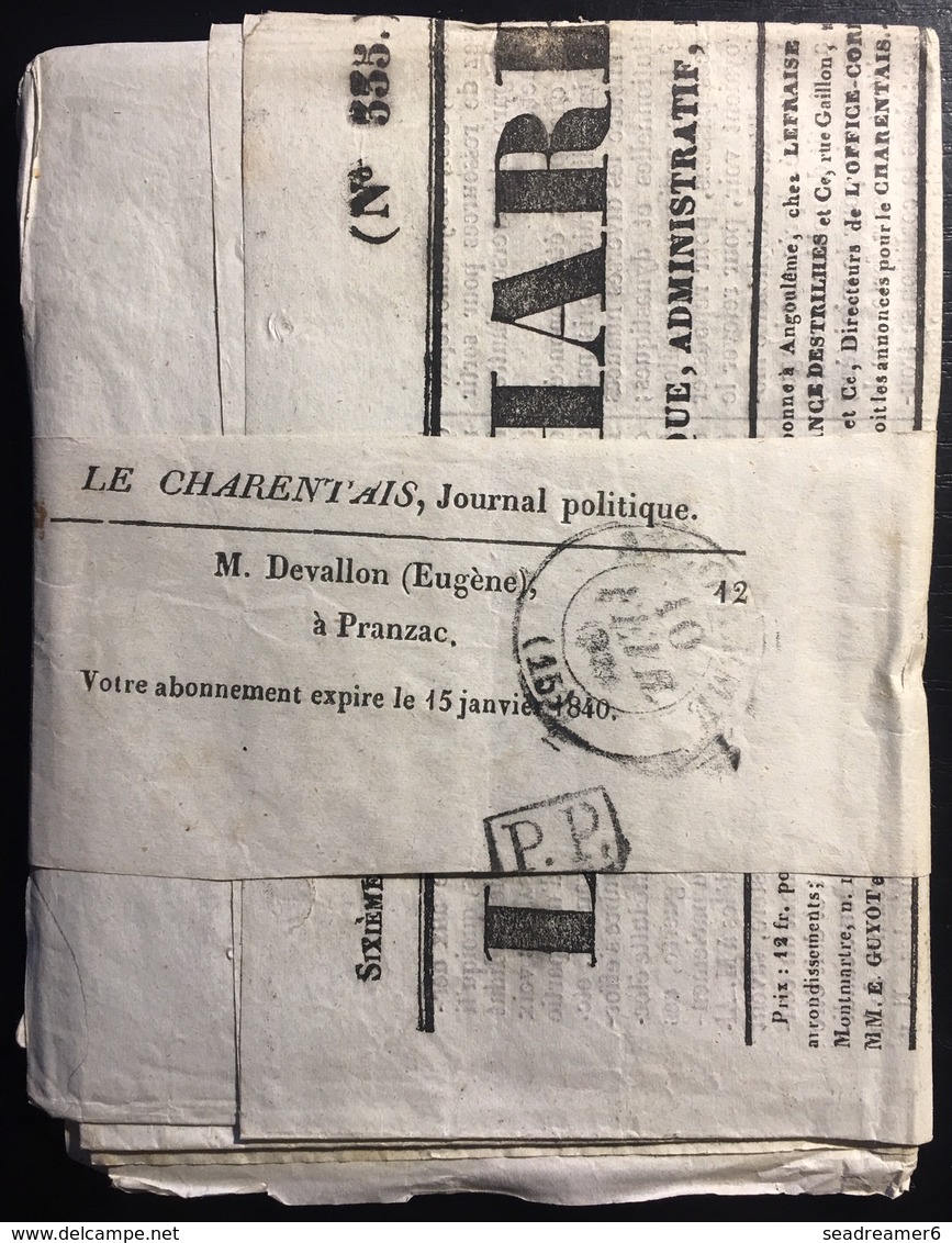 France Journal Politique "le Charentais"  Sous Bande Avec Dateur Type 13 Du 10 Fevrier 1839 + Cachet PP   TTB - Periódicos