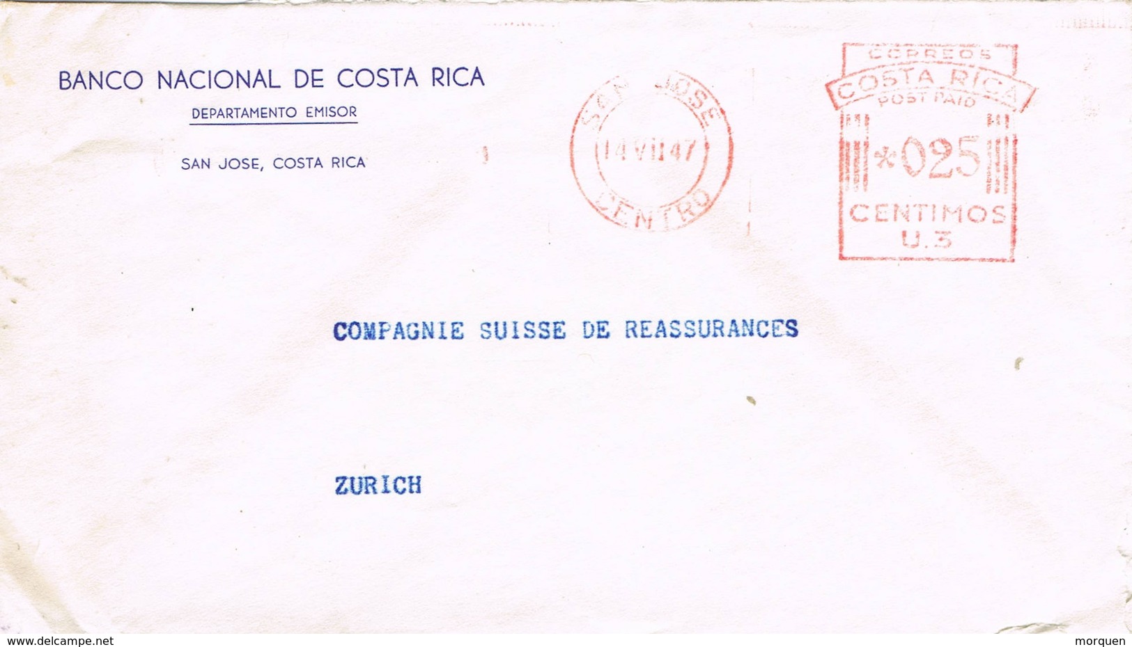 31490. Carta Aerea SAN JOSE (Costa Rica) 1947. Franqueo Mecanico - Costa Rica