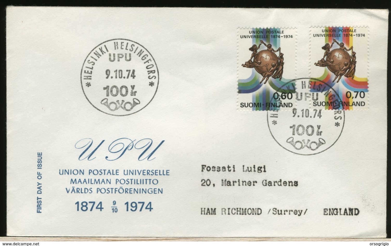 FINLANDIA - SUOMI FINLAND - FDC 1974 -  UPU - FDC