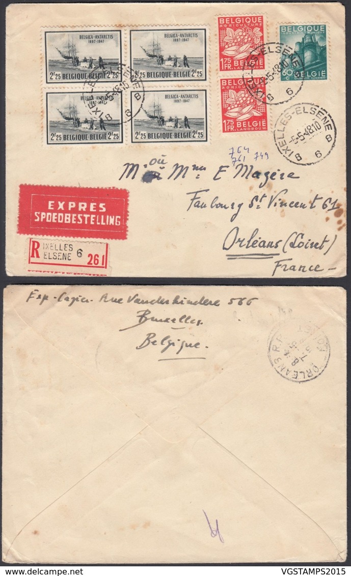 BELGIQUE COB 750 BLOC DE 4+761+763 X2 SUR LETTRE RECO EXPRESS 05/05/1948 VERS ORLEAN  (DD) DC-1969 - 1948 Export