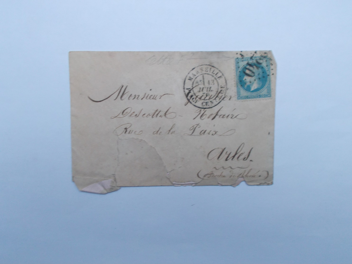 TIMBRE SUR LETTRE 20 C BLEU (lettre F Sous 2240 ) - 1863-1870 Napoléon III Lauré