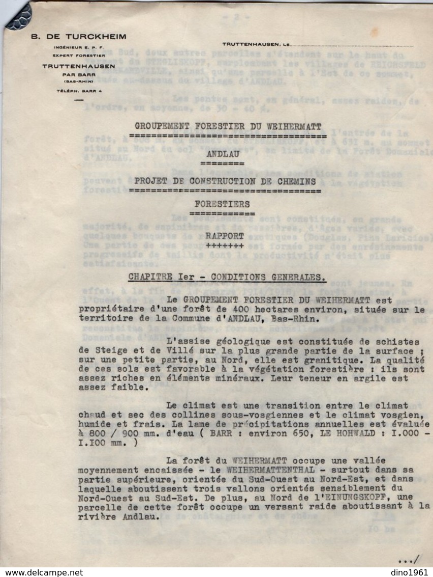 VP14.436 - B. DE TURCKEIM Expert Forestier à TRUTTENHAUSEN - Rapport & Devis Groupement Forestier Du Weihermatt ANDLAU - Collections