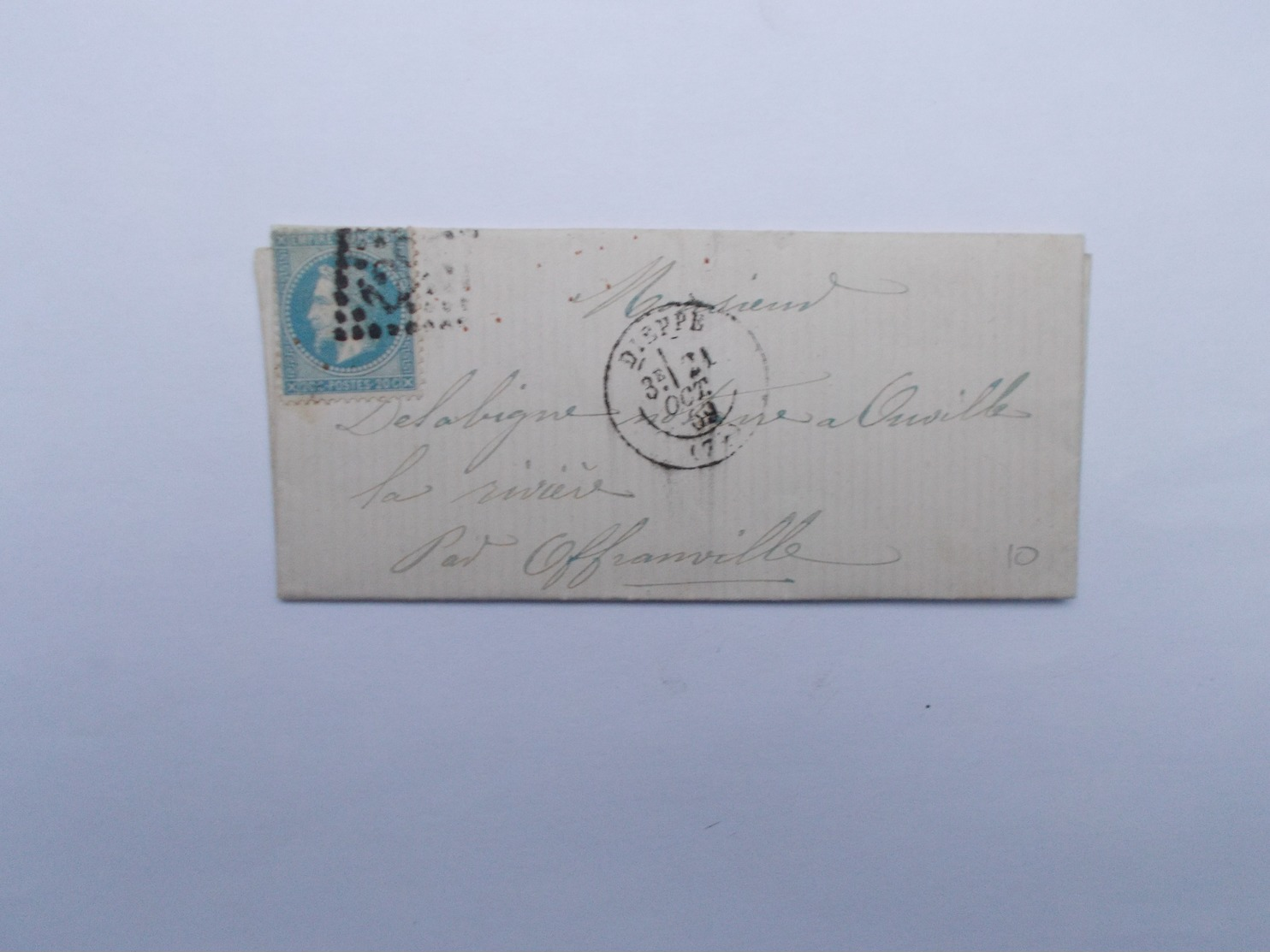 TIMBRE SUR LETTRE 20 C BLEU - 1863-1870 Napoléon III Lauré