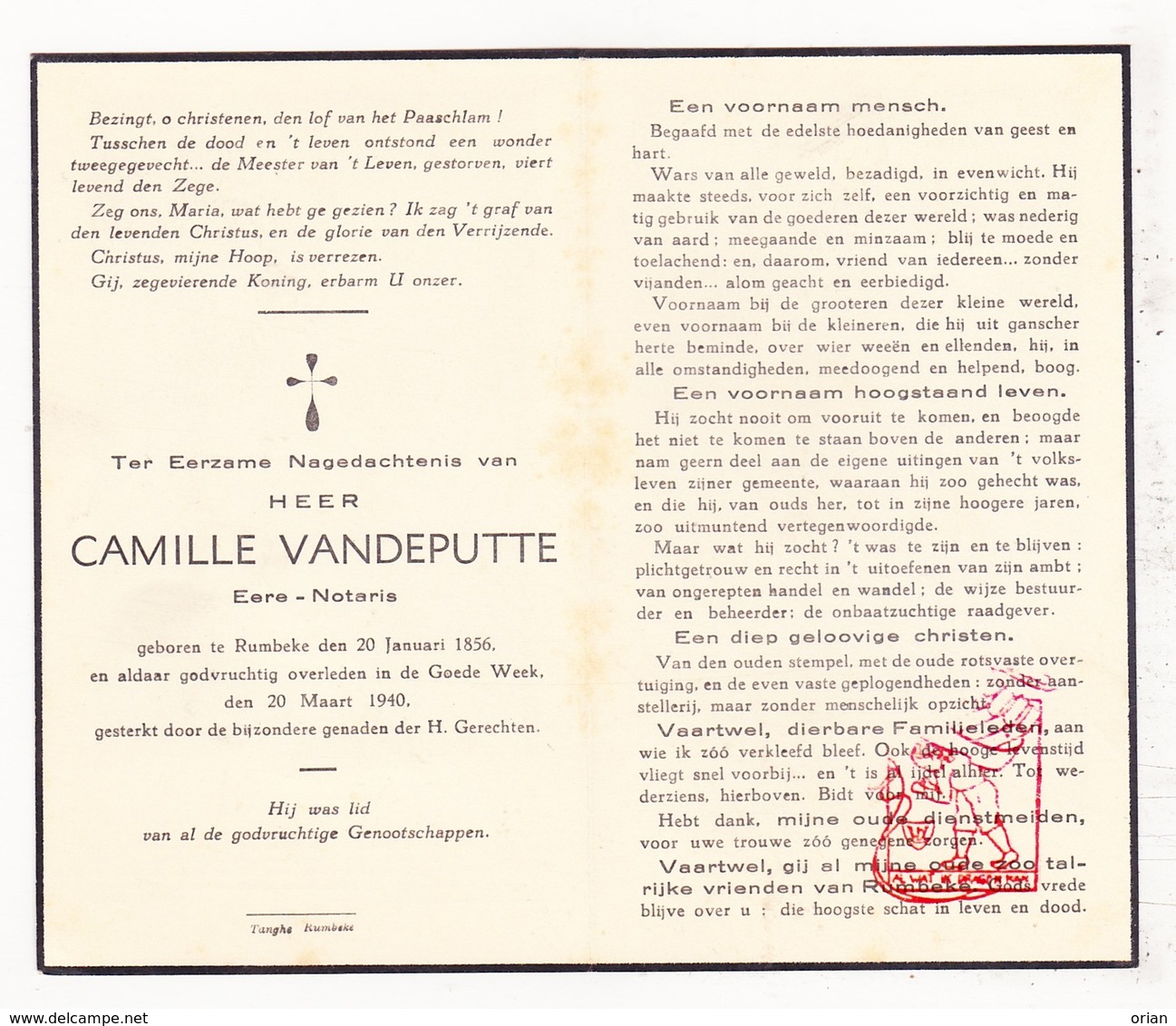 DP Notaris Camiel VandePutte ° Rumbeke Roeselare 1856 † 1940 - Devotieprenten