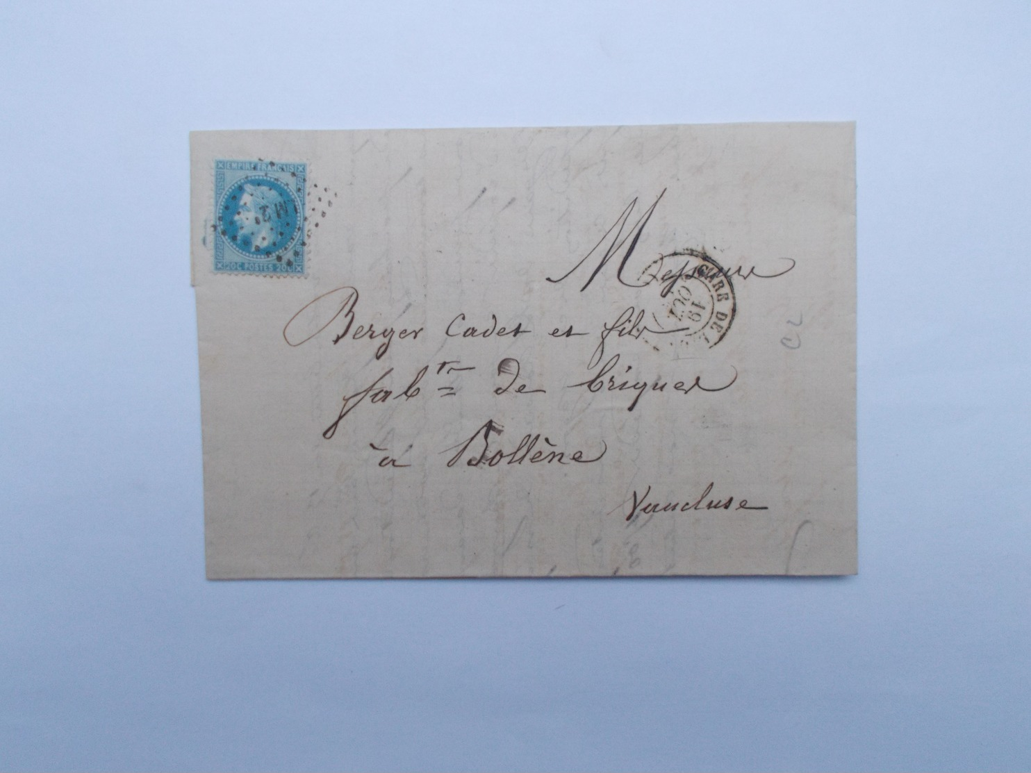 TIMBRE SUR LETTRE 20 C BLEU ( Cachet Losange Avec Lettre LM2 Au Centre) - 1863-1870 Napoléon III Lauré