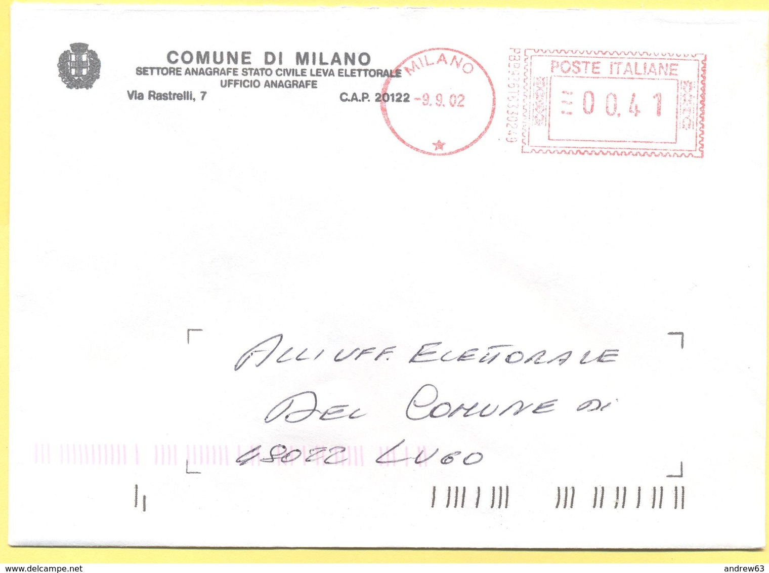 ITALIA - ITALY - ITALIE - 2002 - 0,41 EMA, Red Cancel - Comune Di Milano - Viaggiata Da Milano Per Lugo - Macchine Per Obliterare (EMA)