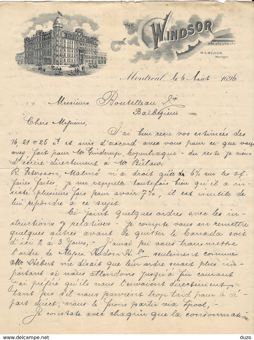 Canada - Montréal. Entête 6 Août 1896 -  The Windsor Hôtel.G.W.Swett.Manager. - Montréal - Autres & Non Classés