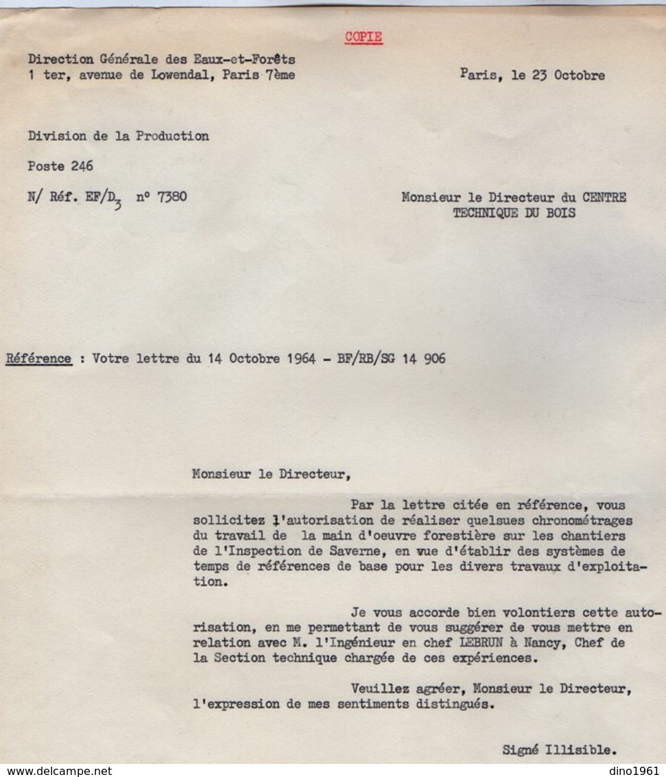 VP14.438 - PARIS 1964 - Lettre De La Direction Générale Des Eaux & Fôrets à Mr Le Directeur Du Centre Technique Du Bois - Collections
