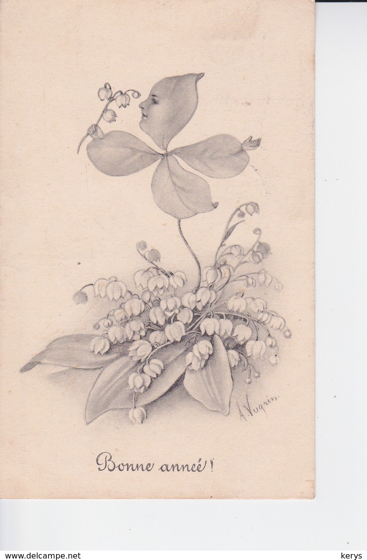 CP 1912 : Bouquet De Muguet Avec Un Trèfle à 4 Feuilles Humanisé ! - Nieuwjaar