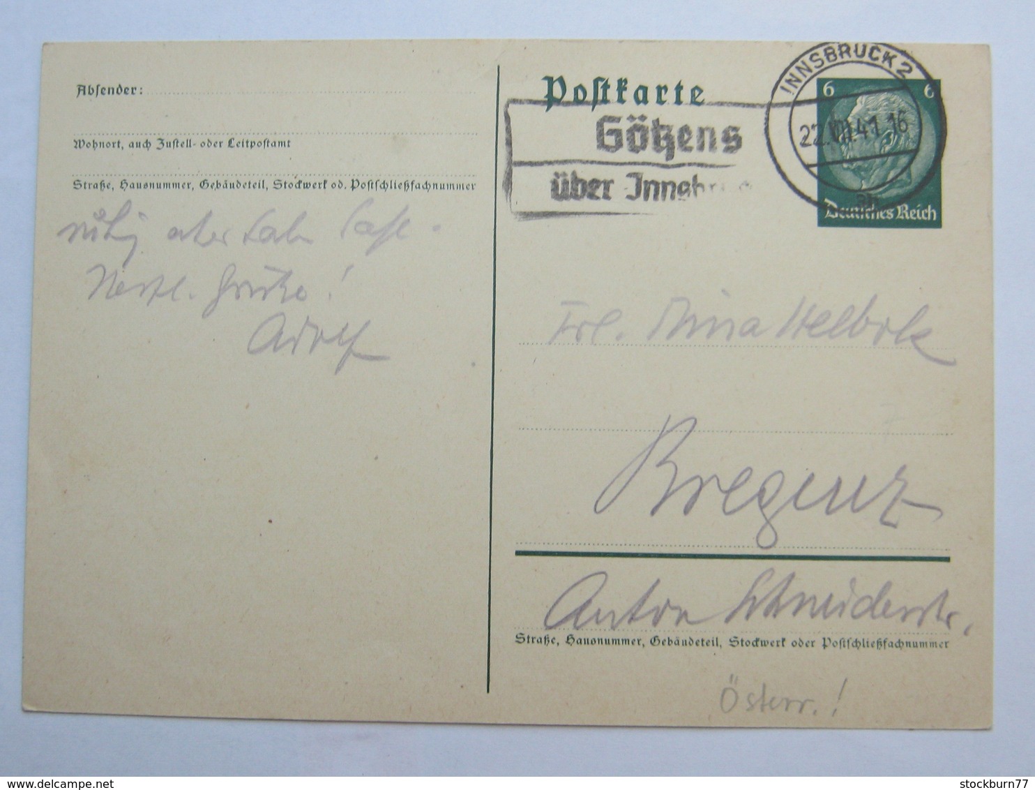 1941 ,  GÖTZENS über Innsbruck  , Klarer Stempel  Auf Karte - Briefe U. Dokumente