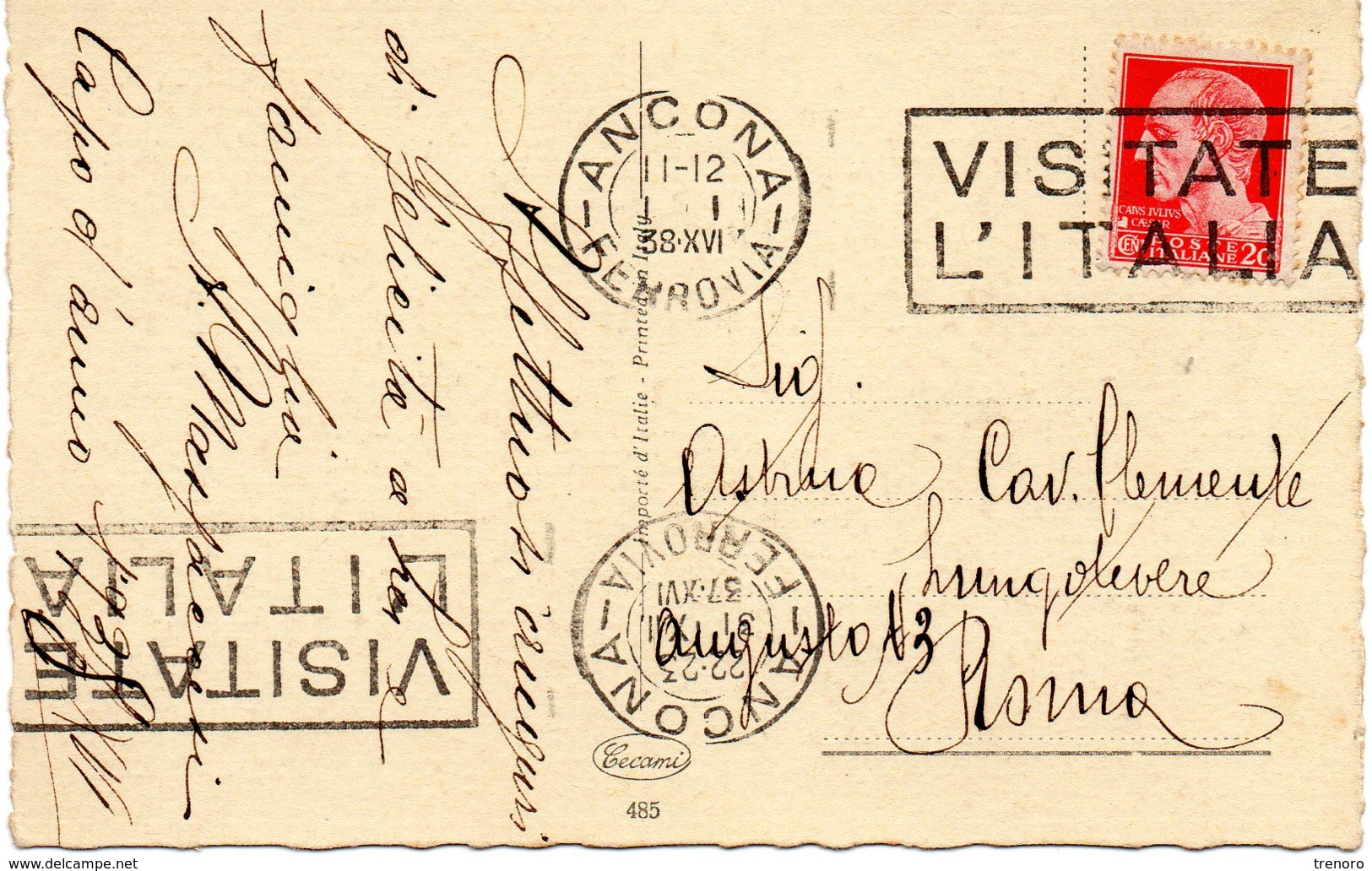 CARTOLINA 20 CENT. IMPERIALE - TIMBRO : VISITATE L'ITALIA - SPEDITA DA ANCONA PER ROMA IL 31.12.1937 - 1.1.1938 - Poststempel