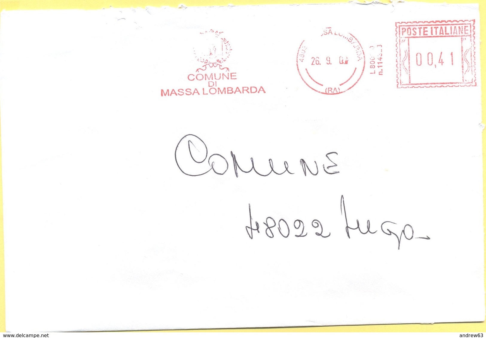 ITALIA - ITALY - ITALIE - 2002 - 00,41 EMA, Red Cancel - Comune Di Massa Lombarda - Viaggiata Da Massa Lombarda Per Lugo - Macchine Per Obliterare (EMA)