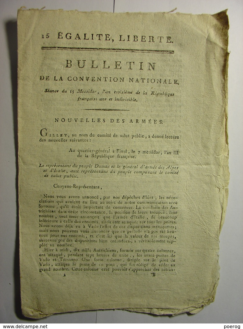 BULLETIN CONVENTION NATIONALE 1795 - ARMEE ITALIE SAMBRE ET MEUSE - DISCIPLINE MILITAIRE - ECHANGE PRISONNIERS DE GUERRE - Décrets & Lois