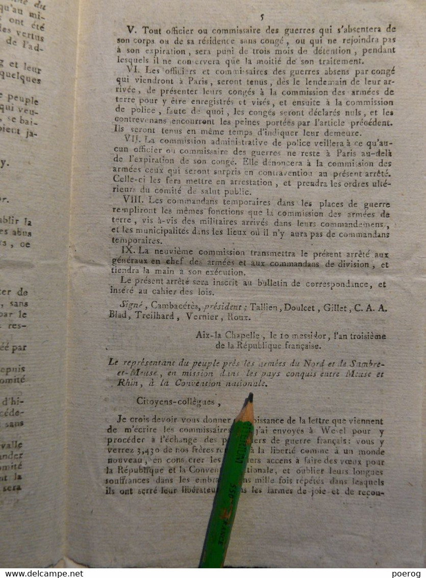 BULLETIN CONVENTION NATIONALE 1795 - ARMEE ITALIE SAMBRE ET MEUSE - DISCIPLINE MILITAIRE - ECHANGE PRISONNIERS DE GUERRE - Décrets & Lois