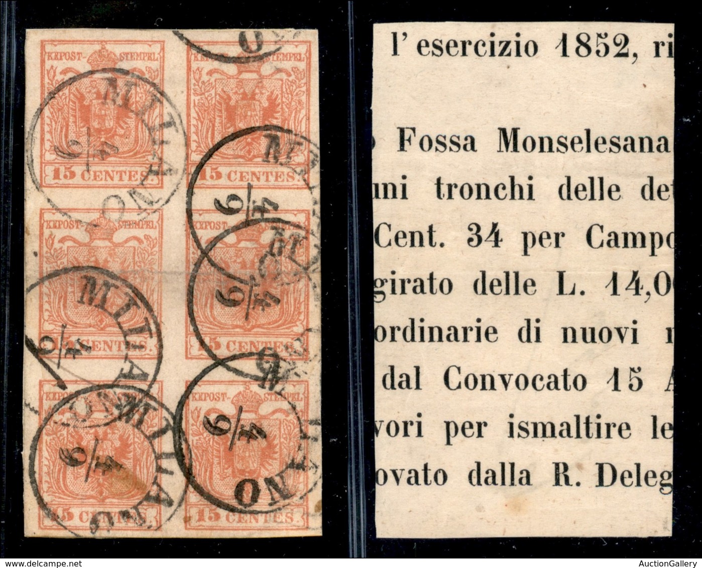 ANTICHI STATI - LOMBARDO VENETO - 15 Cent (20) - Blocco Di Sei Applicato Su Frammento - Piega Orizzontale Sulla Coppia C - Autres & Non Classés