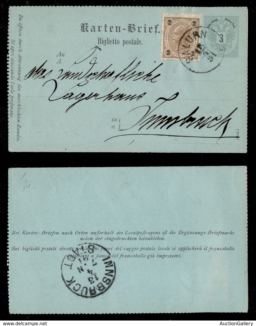 ANTICHI STATI - AUSTRIA TERRITORI ITALIANI - Salurn - Biglietto Postale (tipo 45) Con Complementare (51) Per Insbruch De - Andere & Zonder Classificatie