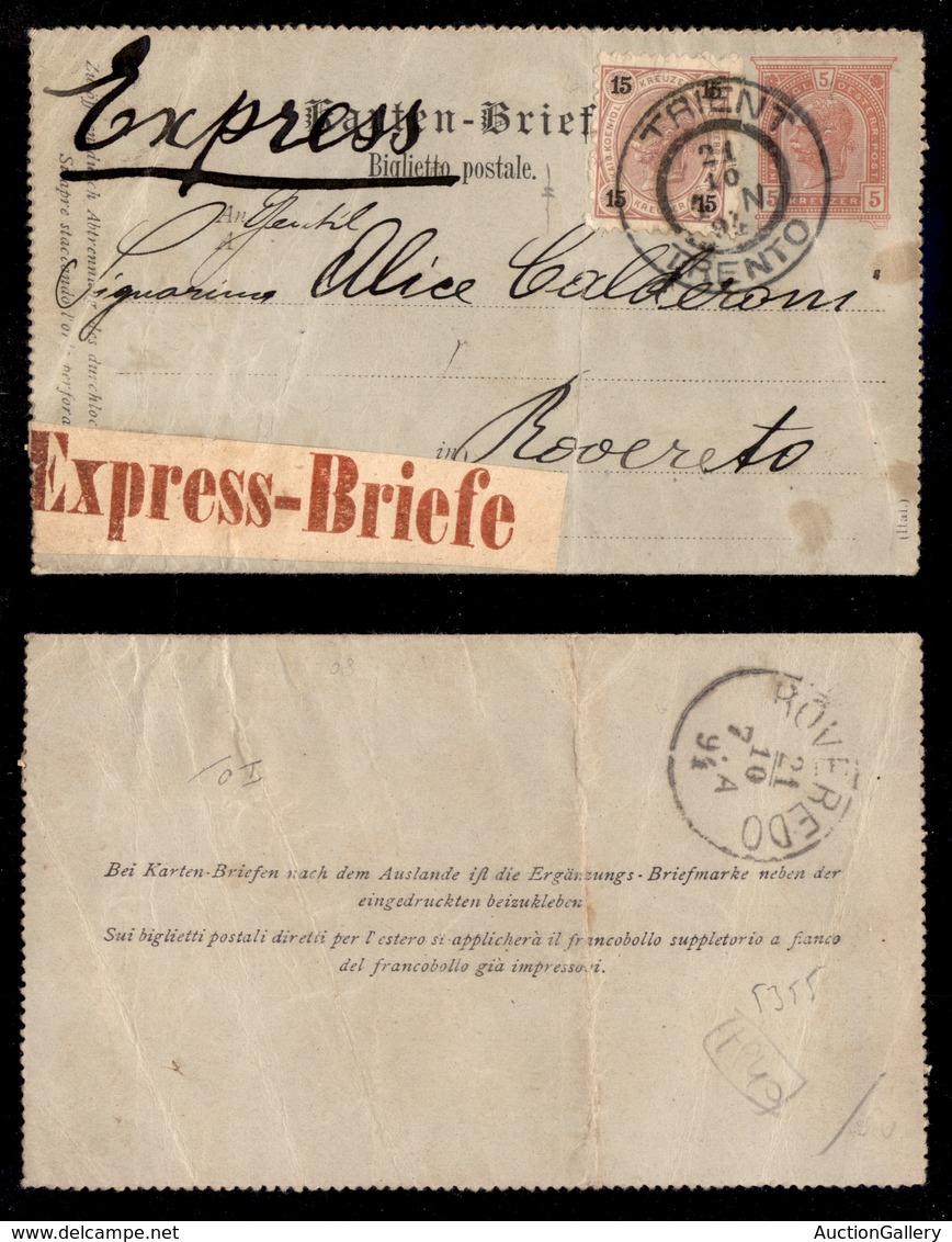 ANTICHI STATI - AUSTRIA TERRITORI ITALIANI - Express Briefe - Biglietto Postale Da Trento A Rovereto Del 21.10.94 - Da E - Other & Unclassified