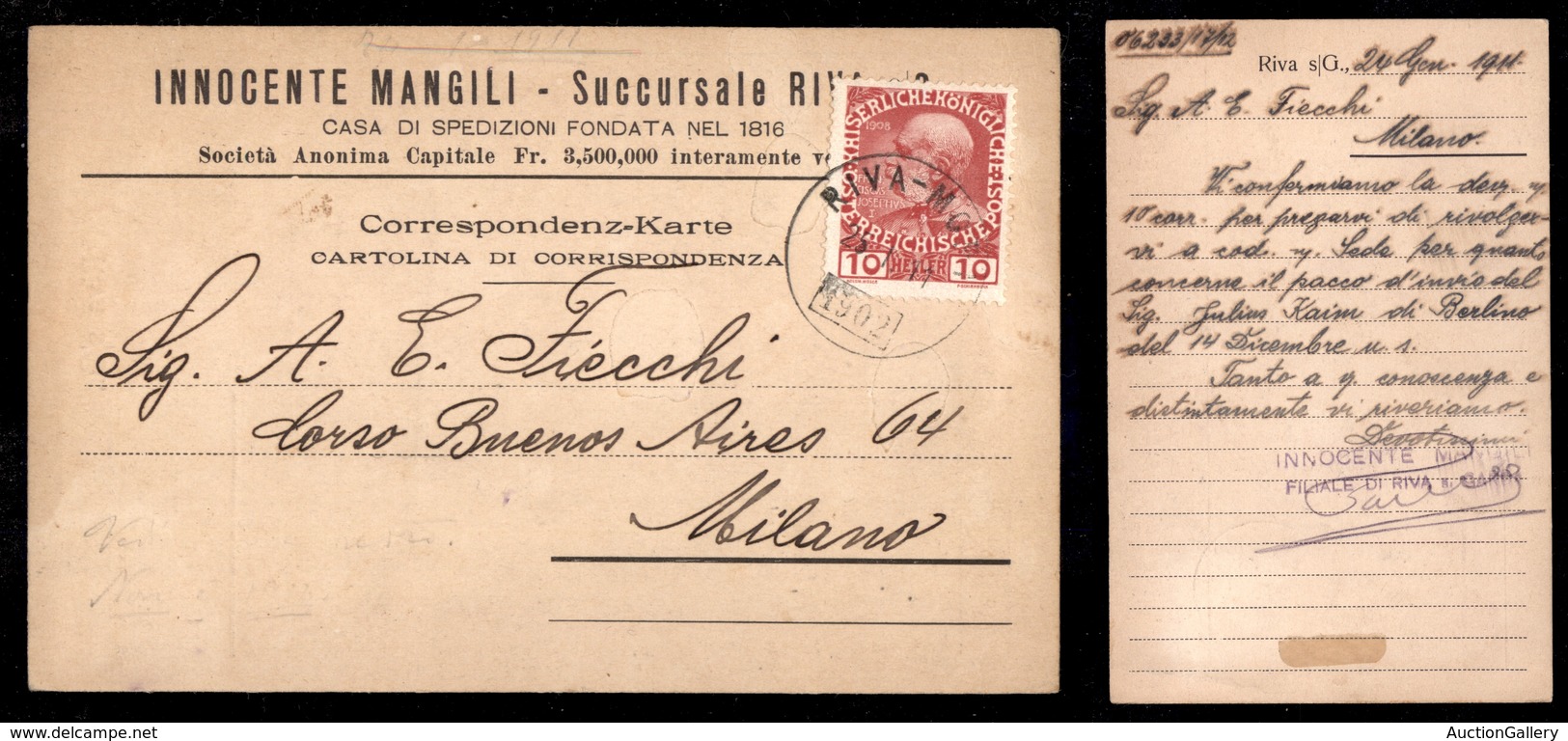 ANTICHI STATI - AUSTRIA TERRITORI ITALIANI - Riva Mori 1902 - Cartolina Per Milano Del 25.1.11 - Autres & Non Classés