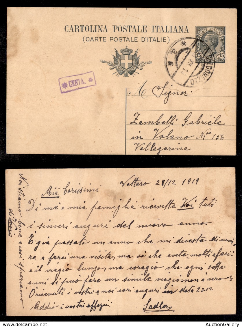 ANTICHI STATI - AUSTRIA TERRITORI ITALIANI - Centa (P.ti 9) - Cartolina Postale Di Regno Per Valano Del 28.12.19 - Andere & Zonder Classificatie