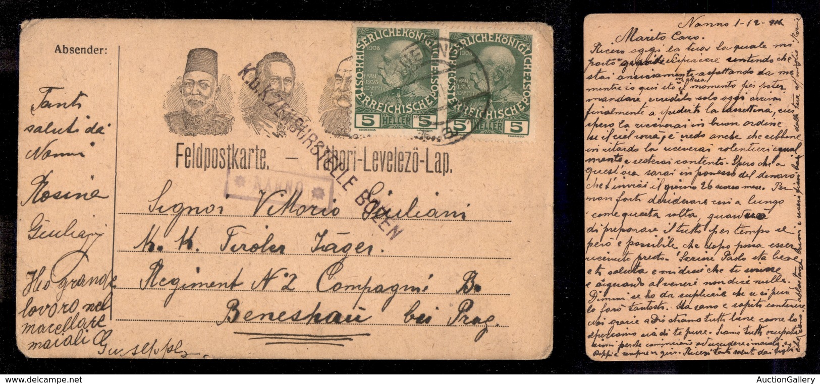 ANTICHI STATI - AUSTRIA TERRITORI ITALIANI - Nanno (P.ti 8) - Cartolina Postale Per Praga Del 1.12.16 - Andere & Zonder Classificatie