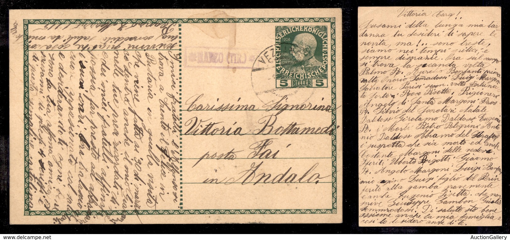 ANTICHI STATI - AUSTRIA TERRITORI ITALIANI - Ranzo Tir (P.ti 7) - Cartolina Postale Per Andalo Del 7.3.15 - Autres & Non Classés