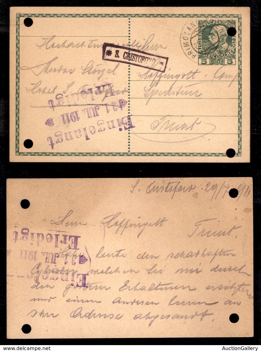 ANTICHI STATI - AUSTRIA TERRITORI ITALIANI - S. Cristoforo (P.ti 6) - Cartolina Postale Per Trento Del 29.7.11 - Fori Di - Other & Unclassified