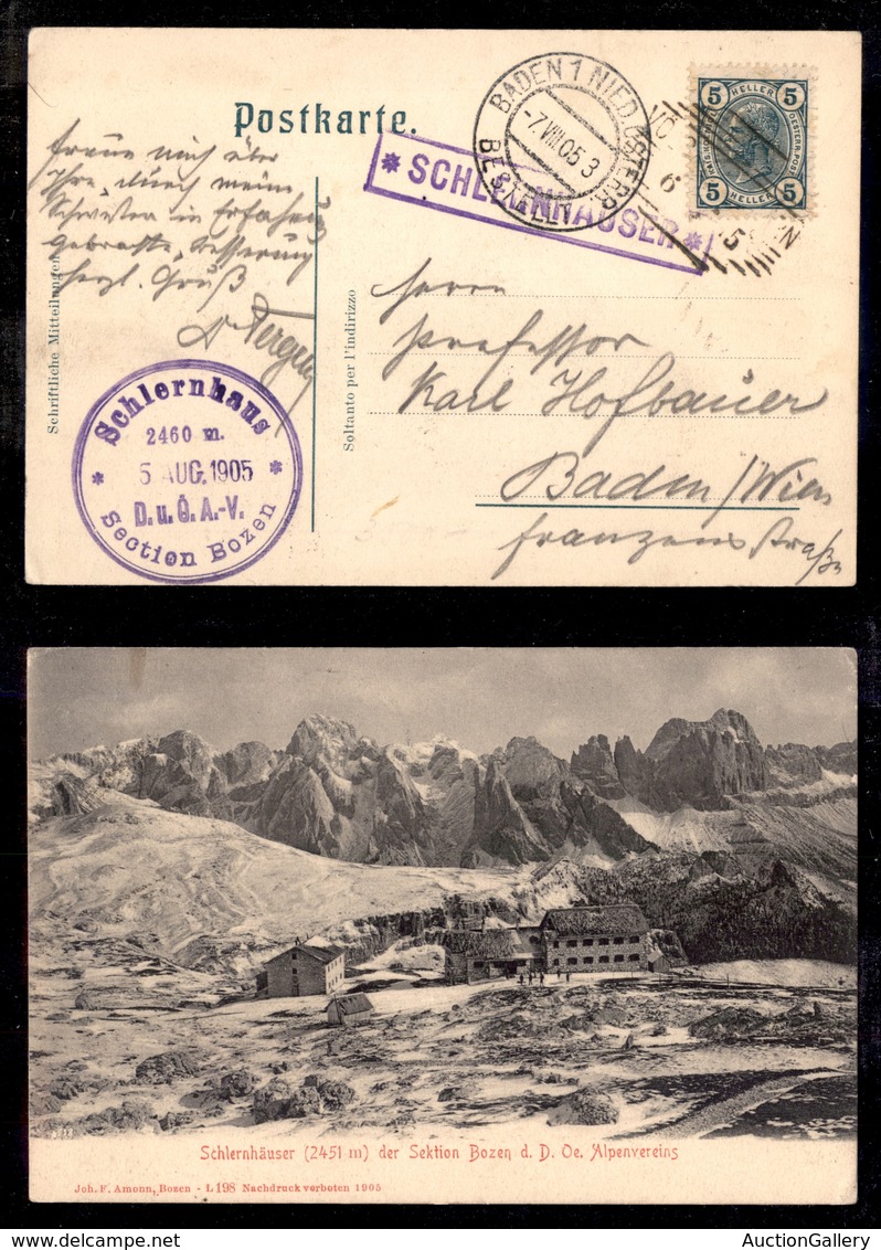 ANTICHI STATI - AUSTRIA TERRITORI ITALIANI - Schlernhauser (P.ti 3) - Cartolina Panoramica Per Baden Del 7.8.05 - Other & Unclassified