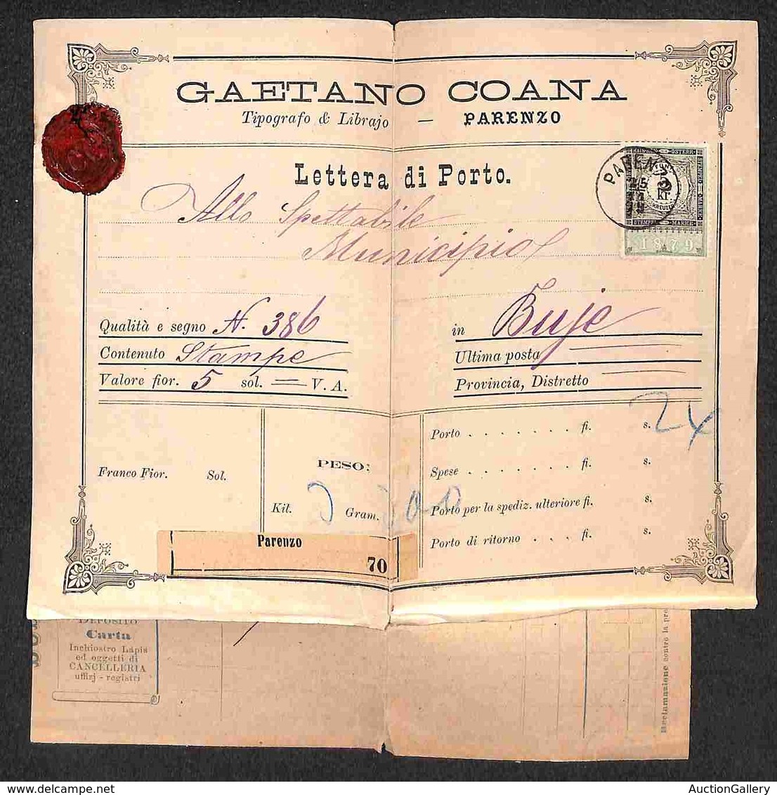 ANTICHI STATI - AUSTRIA TERRITORI ITALIANI - Parenzo - Marca Fiscale Da 5 Kreuzer Su Lettera Di Porto (con Unita Fattura - Andere & Zonder Classificatie