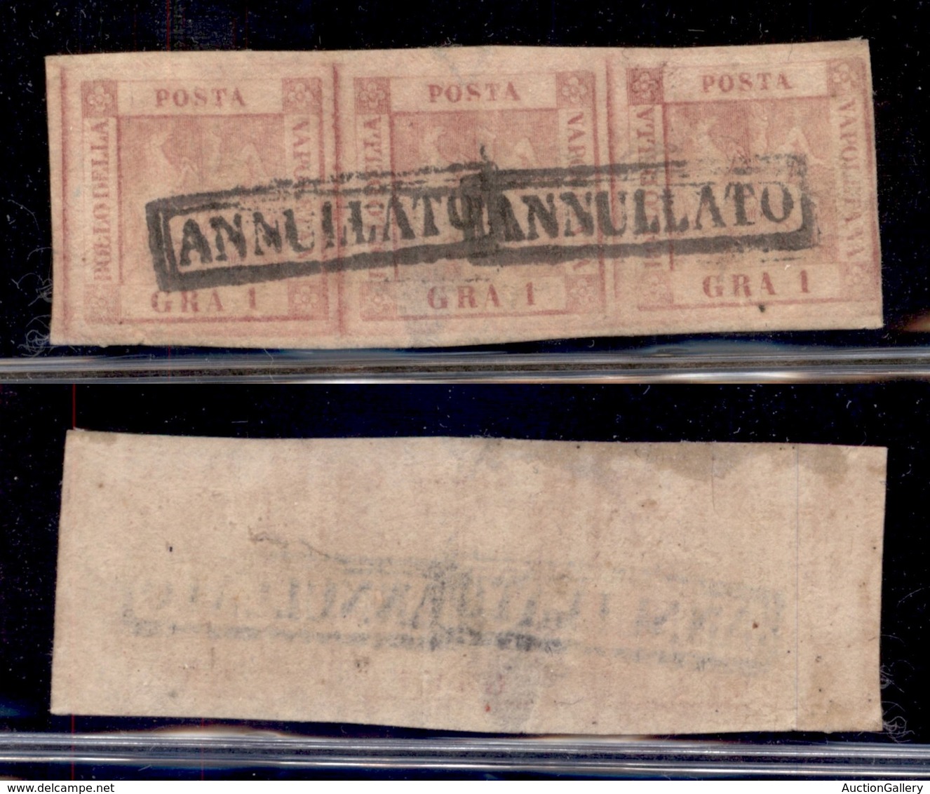 ANTICHI STATI - NAPOLI - 1858 - 1 Grano (3) - Striscia Orizzontale Di Tre Usata - Assottigliata Al Centro - Other & Unclassified