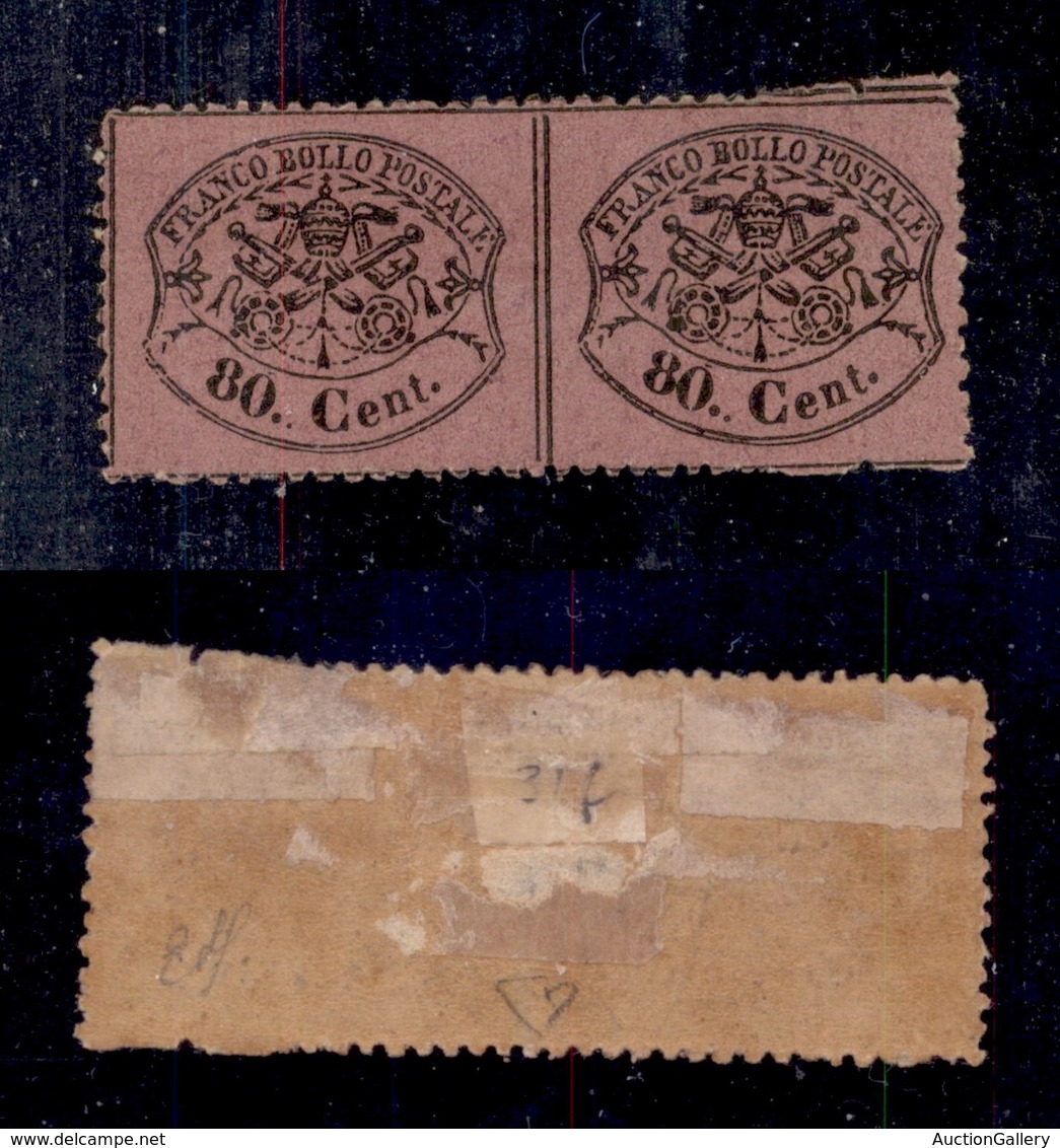 ANTICHI STATI - PONTIFICIO - 1868 - 80 Cent Lilla Rosso (31g) - Coppia Orizzontale Non Dentellata Al Centro - Assottigli - Other & Unclassified