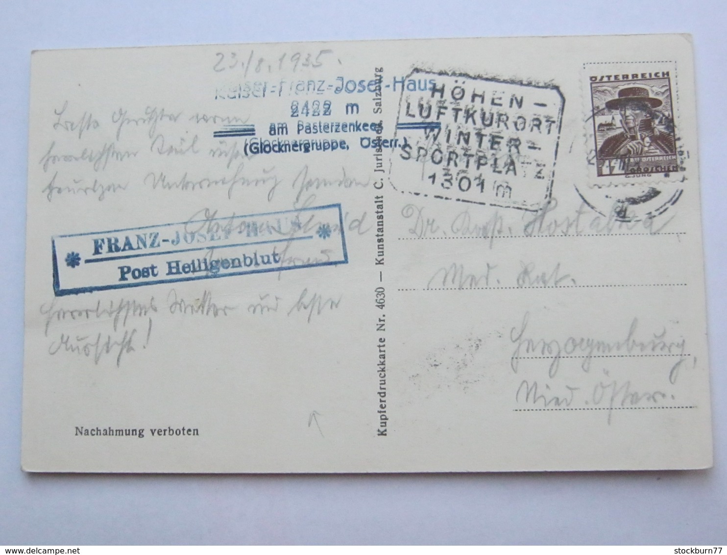 1935 ,  Franz Josef Haus  Post Heiligenblut  , Klarer Stempel  Auf Karte - Briefe U. Dokumente