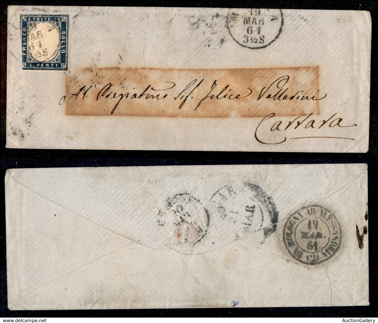 REGNO D'ITALIA - 19 Marzo 1861 - 20 Cent (15D - Sardegna) Corto A Sinistra - Bustina Da Modena A Carrara - Other & Unclassified