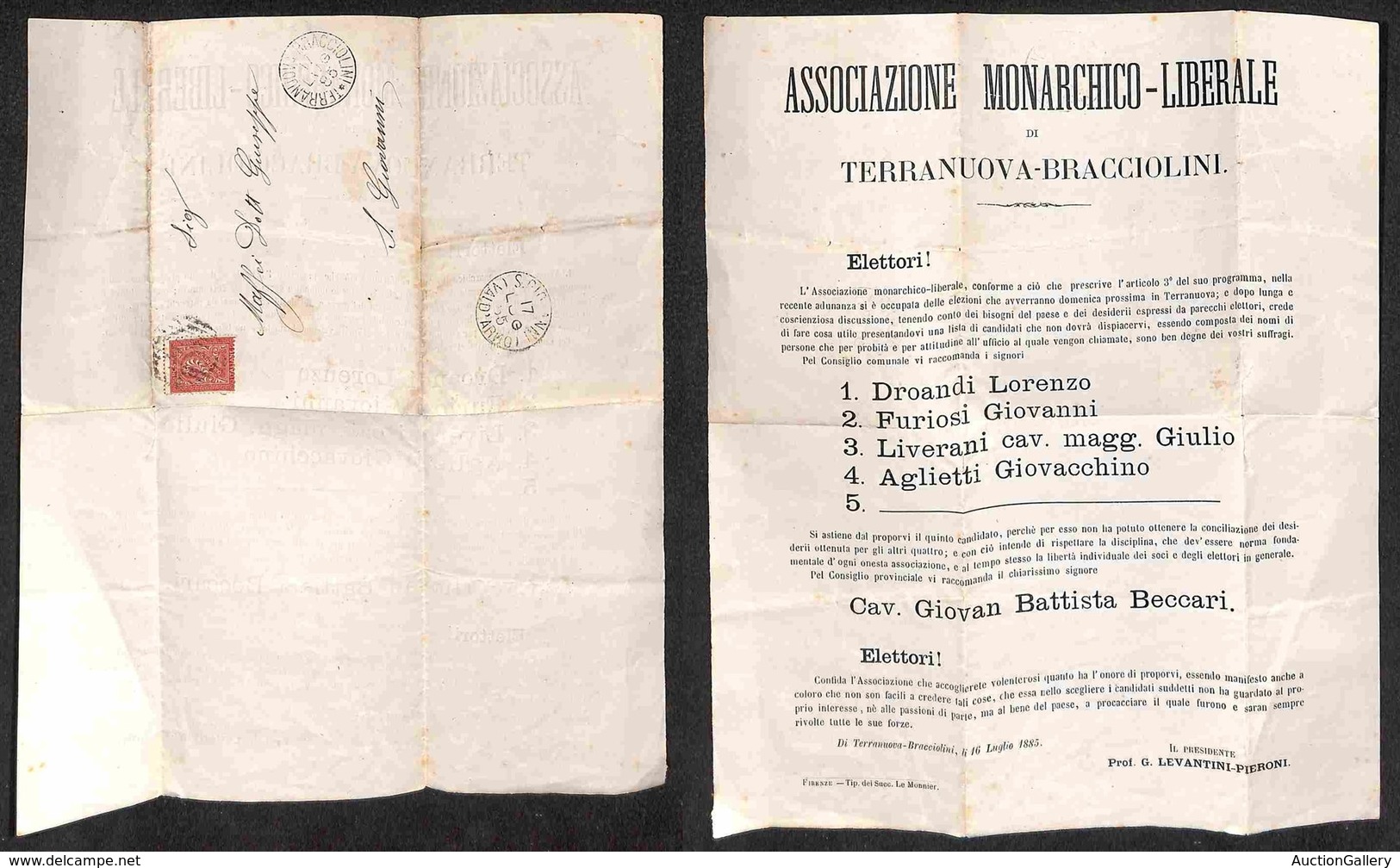 REGNO D'ITALIA - 1885 - Associazione Monarchico Liberale Di Terranuova Bracciolini - Volantino Elettorale A Stampa Per S - Other & Unclassified