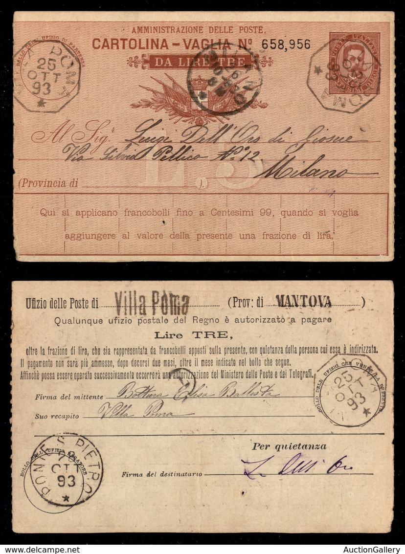 REGNO D'ITALIA - Villa Poma (25.10.93) - Cartolina Vaglia Da 3 Lire - Other & Unclassified