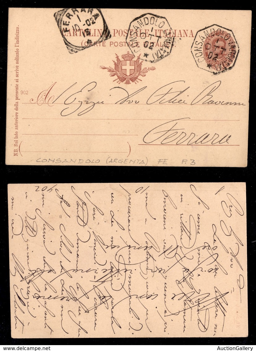 REGNO D'ITALIA - Cosandolo (Argenta) Su Cartolina Postale Da 10 Cent (C25) Per Ferrara Del 1.10.02 - Sonstige & Ohne Zuordnung