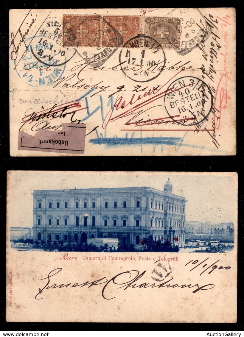 REGNO D'ITALIA - 1 Cent (65) + Coppia Del 2 Cent (66) - Cartolina Da Bari (Poste E Telegrafi) A Vienna Del 13.1.00 - Sonstige & Ohne Zuordnung