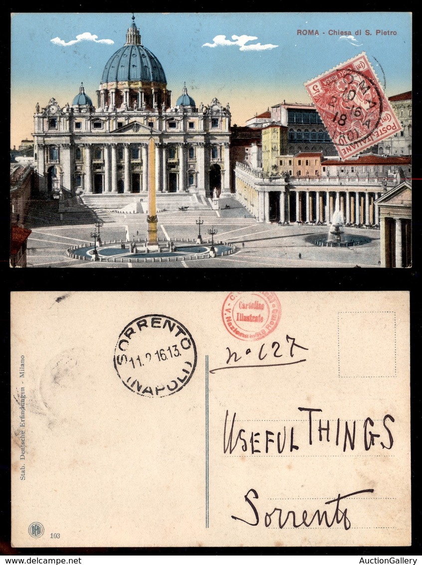 REGNO D'ITALIA - 10 Cent Croce Rossa (102) Su Cartolina Da Roma A Sorrento Del 10.2.16 - Sonstige & Ohne Zuordnung
