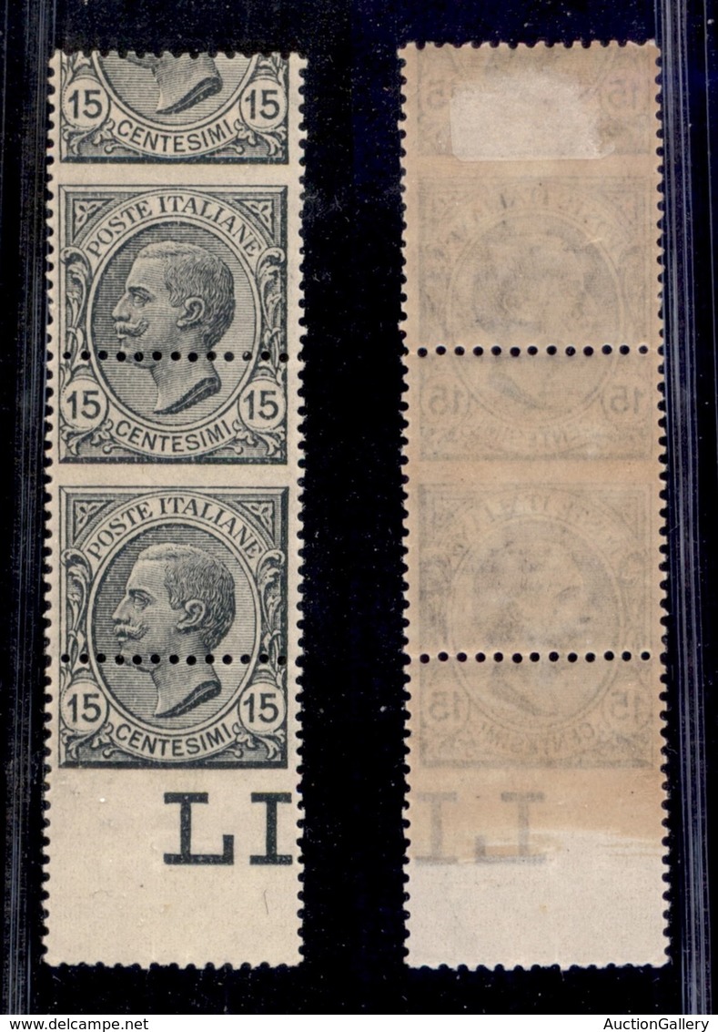 REGNO D'ITALIA - 1919 - 15 Cent Leoni (108ia) - Striscia Verticale Di Tre Con Dentellature Orizzontali Al Centro - Pezzo - Other & Unclassified