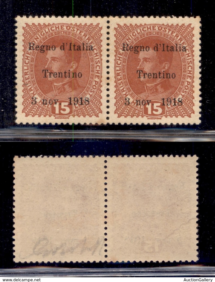 OCCUPAZIONI - TRENTINO - 1918 - 15 Heller (6) - Coppia Orizzontale Con I Di Italia Diverso (a Sinistra) - Gomma Integra  - Autres & Non Classés