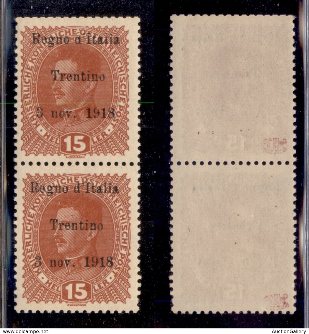 OCCUPAZIONI - TRENTINO - 1918 - 15 Heller (6) - Coppia Verticale Con Lettere Difettose (d’I..l) Nel Pezzo Superiore - Go - Other & Unclassified