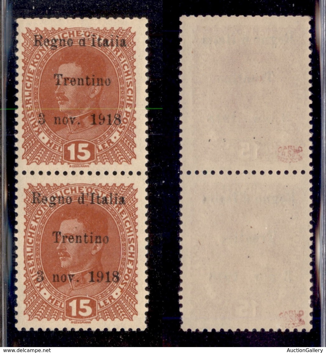OCCUPAZIONI - TRENTINO - 1918 - 15 Heller (6) - Coppia Verticale Con Lettere Difettose (d’I..l) Nel Pezzo Superiore - Go - Autres & Non Classés