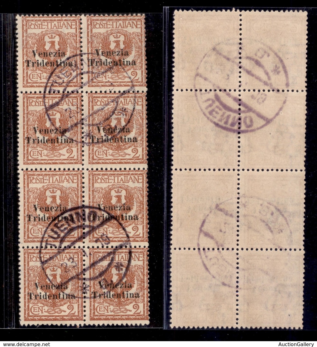 OCCUPAZIONI - TRENTINO - 1918 - 2 Cent (20) - Blocco Di 8 Usato A Tuenno 23.1.19 (400+) - Other & Unclassified