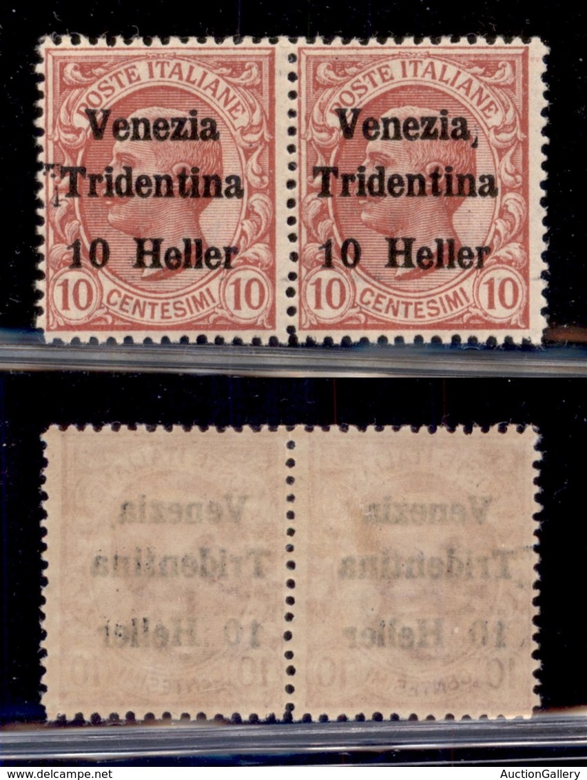 OCCUPAZIONI - TRENTINO - 1918 - 10 Heller Su 10 Cent (29 - Varietà) - Coppia Con Spazi Tipografici Prima Di T E Dopo Ven - Sonstige & Ohne Zuordnung