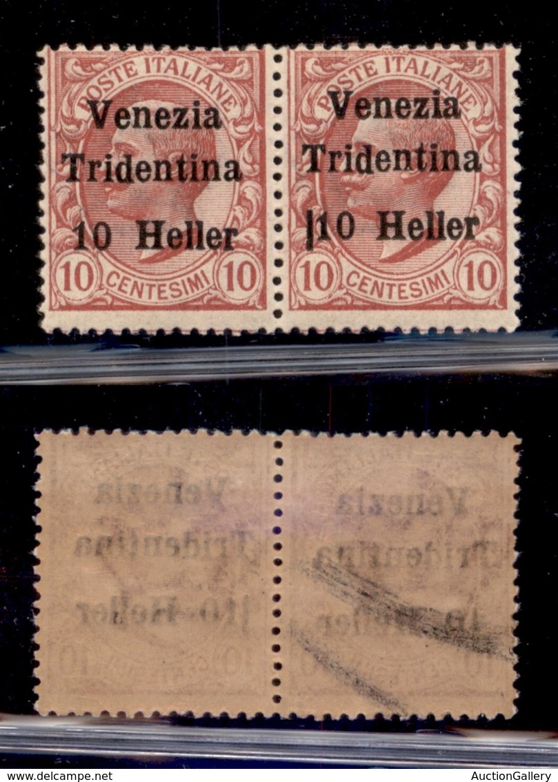 OCCUPAZIONI - TRENTINO - 1918 - 10 Heller Su 10 (29+29 Varietà) - Coppia Orizzontale - Spazio Tipografico Prima Della Ci - Autres & Non Classés