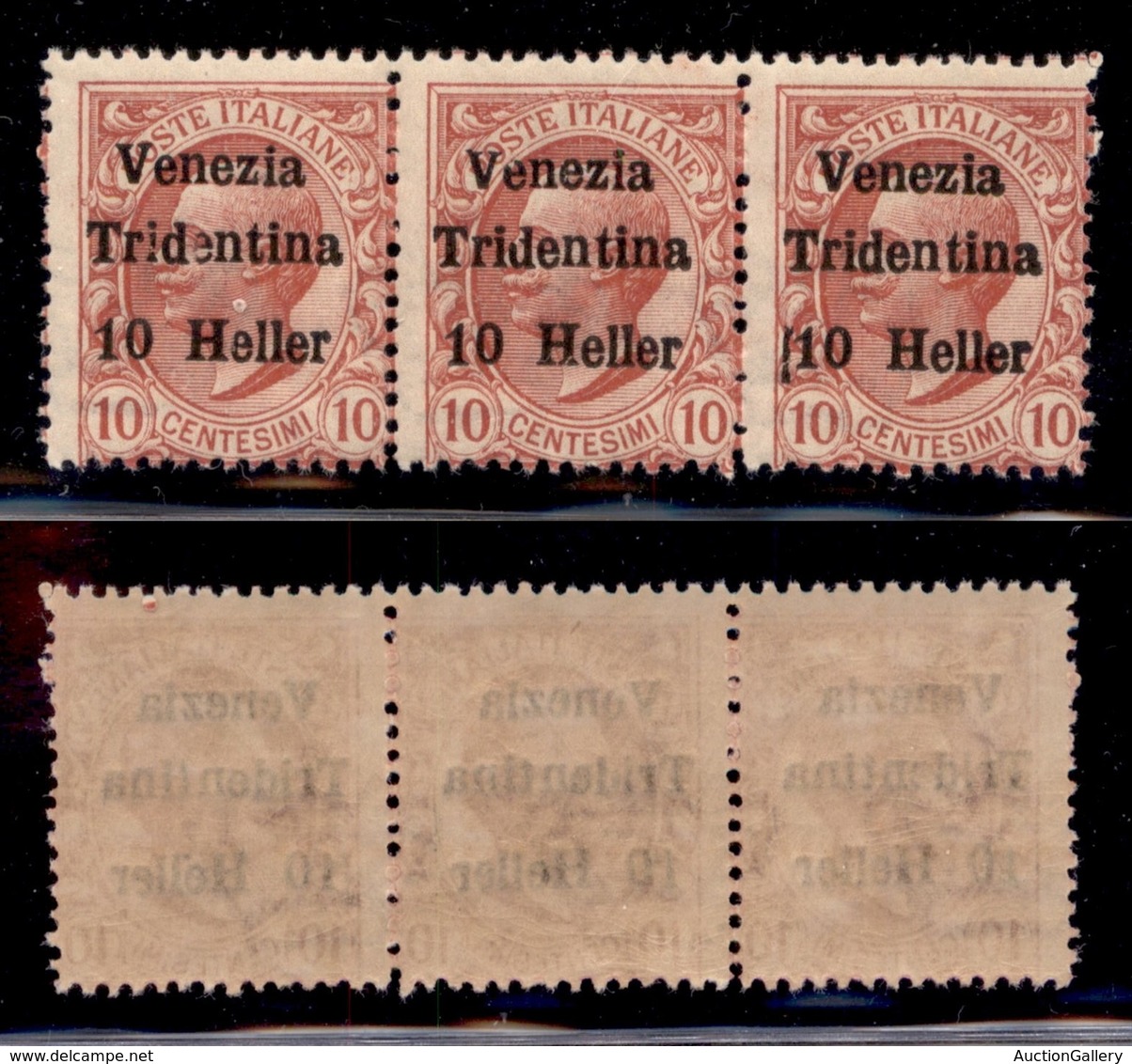 OCCUPAZIONI - TRENTINO - 1918 - 10 Heller Su 10 Cent (29) - Striscia Di 3 Con Spazio Tipografico Prima Di 1 Nel Pezzo Di - Andere & Zonder Classificatie